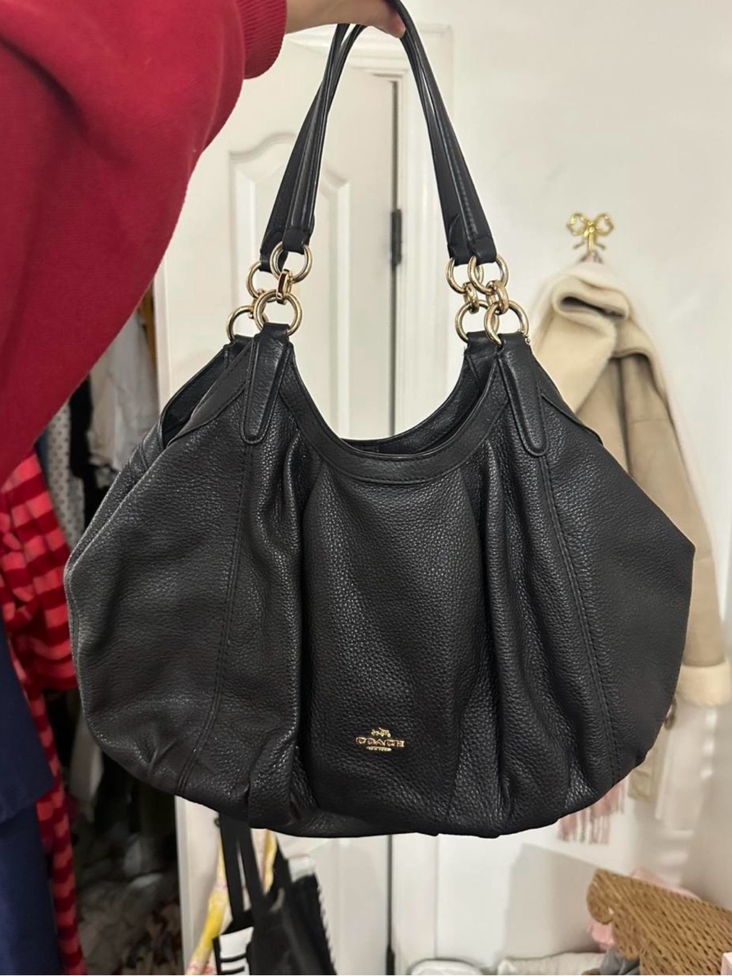 Coach Black Pebbled Leather Shoulder Hobo With Gold Rings